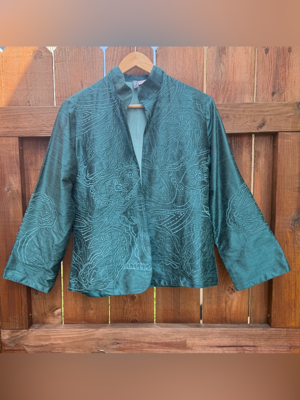 ANU Pure Silk Teal Embroidered Mandarin Collar Art to Wear Jacket M